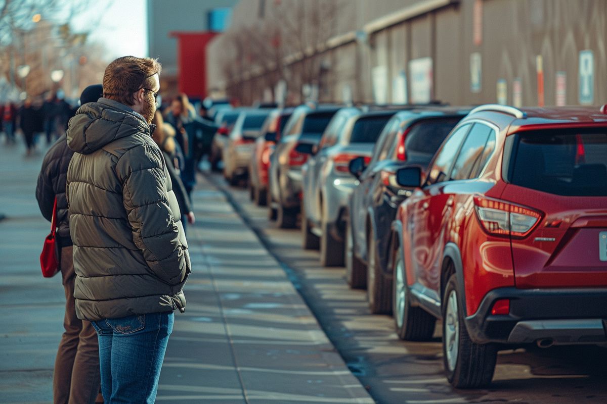 A line of people waiting to donate their cars to a nonprofit organization.